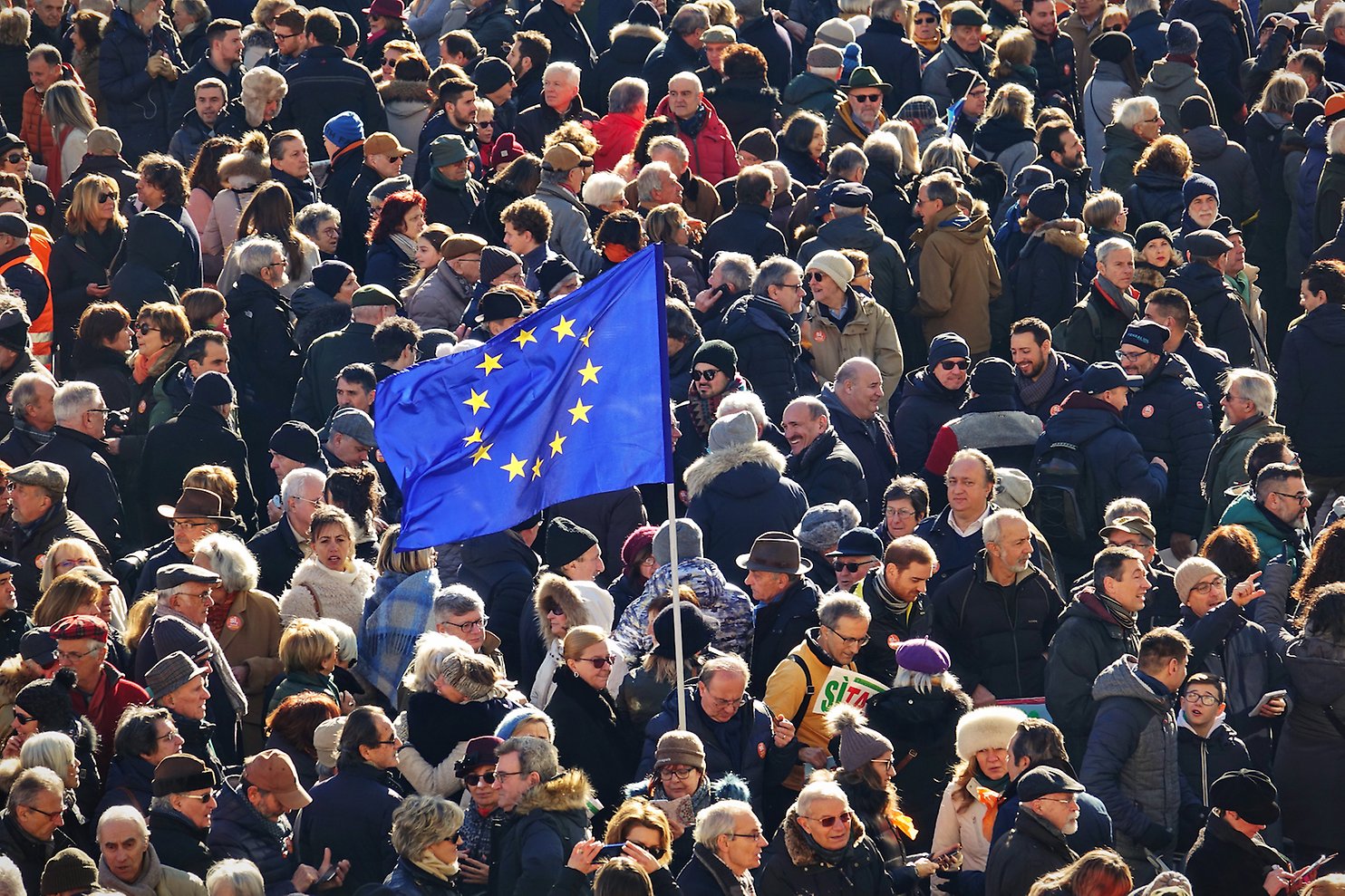 Foto på demonstration med EU-flagga